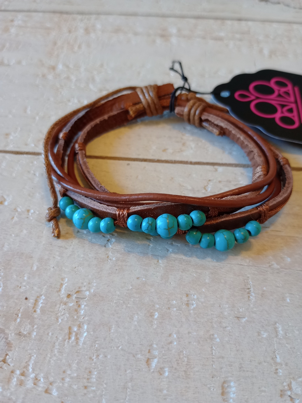 paparazzi Brown Leather Wrap Bracelet with Faux Turquoise Beads